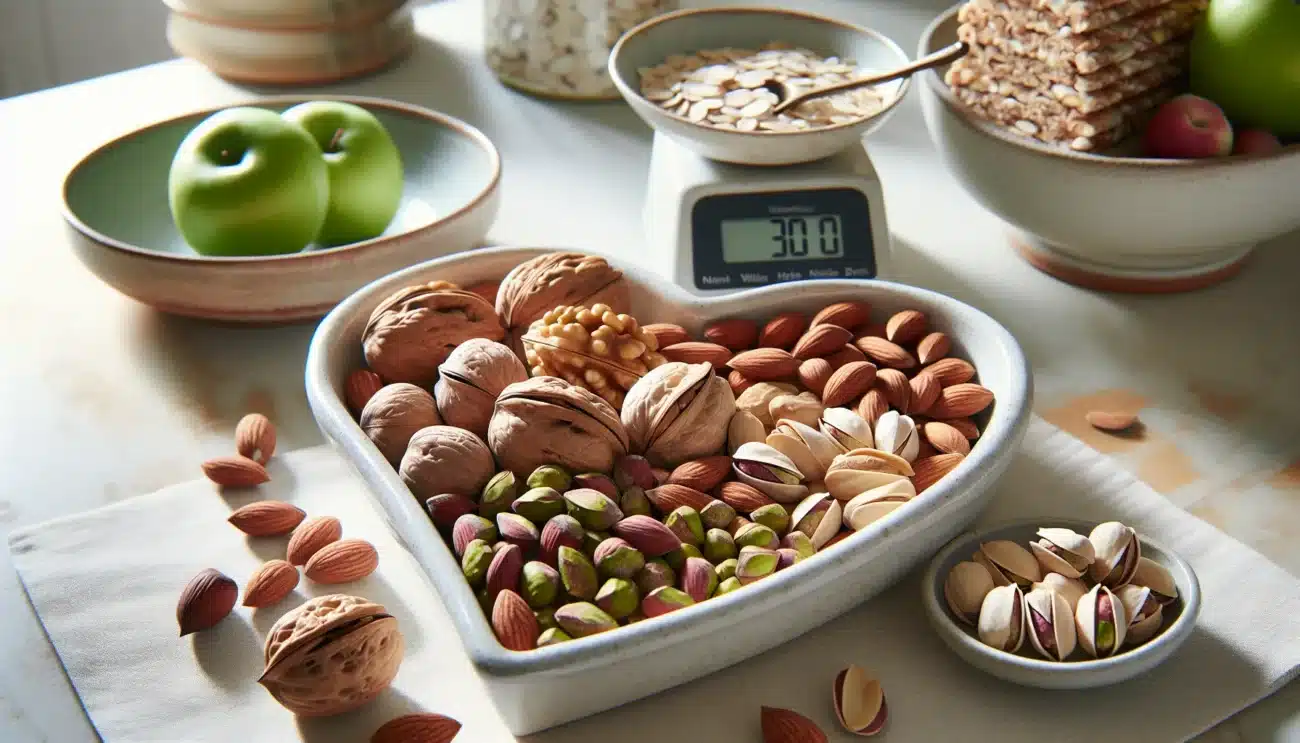 Heart shaped bowl of walnuts almonds pistachios and hazelnuts in scandinavian kitchen
