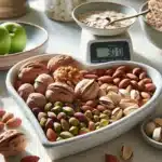 Heart shaped bowl of walnuts almonds pistachios and hazelnuts in scandinavian kitchen