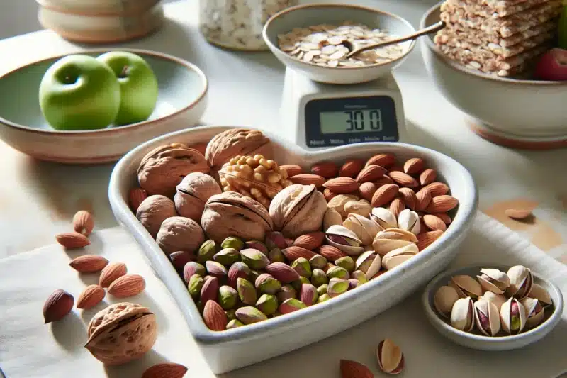 Heart shaped bowl of walnuts almonds pistachios and hazelnuts in scandinavian kitchen