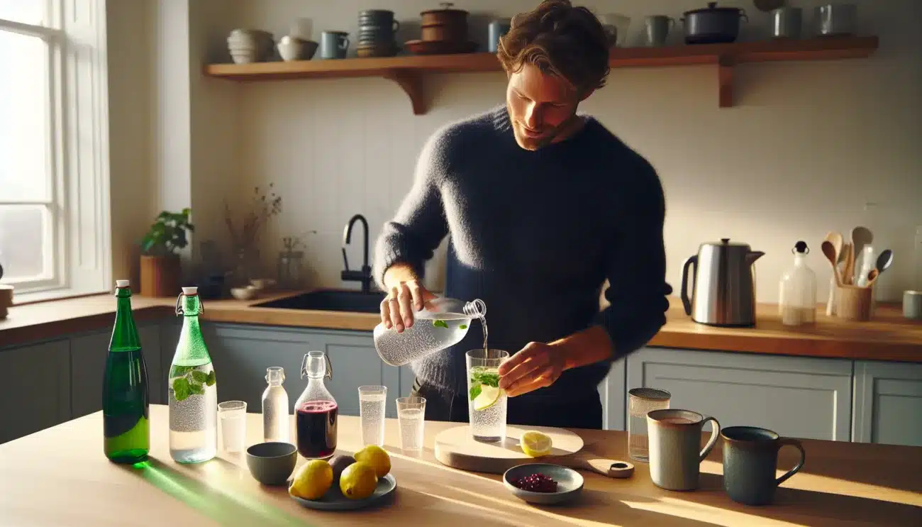 Man pouring mineral water in a norwegian kitchen with tea milk coffee juices