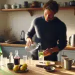 Man pouring mineral water in a norwegian kitchen with tea milk coffee juices