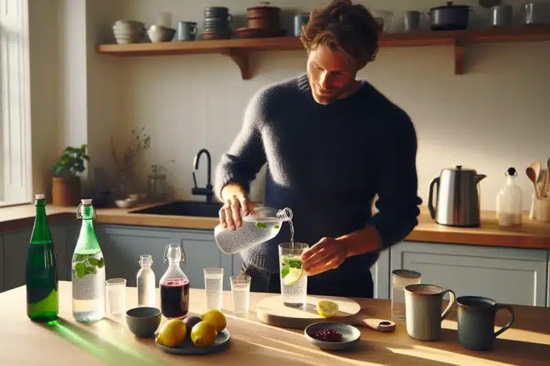 Man pouring mineral water in a norwegian kitchen with tea milk coffee juices
