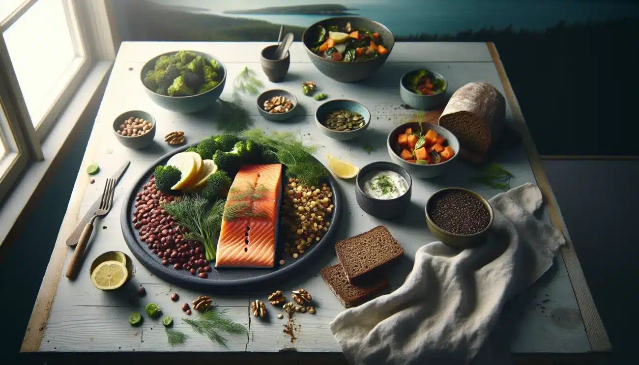 Norwegian spread with baked salmon legumes whole grains and nuts by window