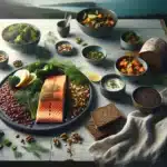 Norwegian spread with baked salmon legumes whole grains and nuts by window