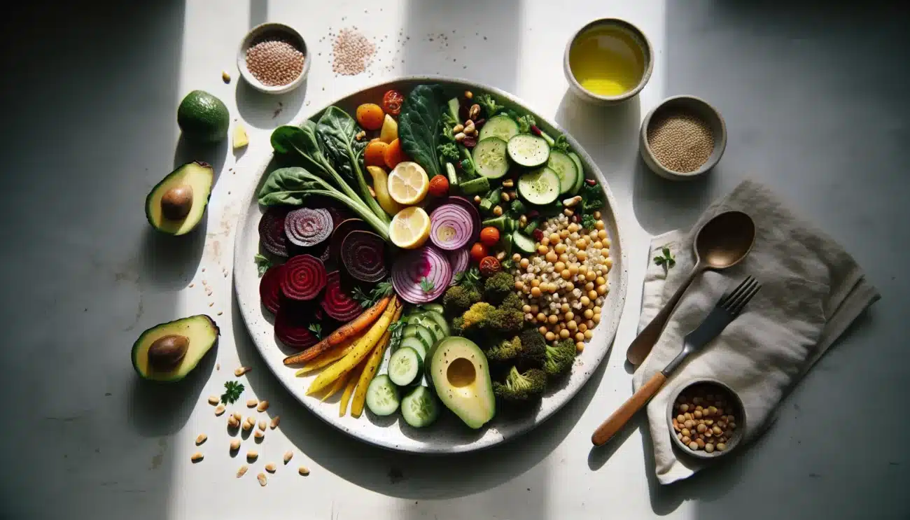 Norwegian vegetarian plate with legumes barley vegetables berries nuts and seeds