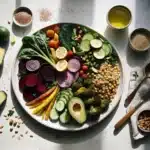 Norwegian vegetarian plate with legumes barley vegetables berries nuts and seeds