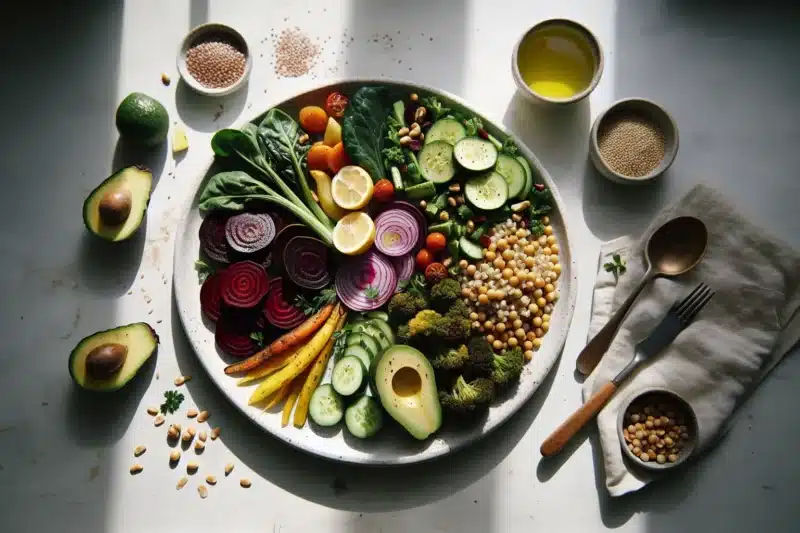 Norwegian vegetarian plate with legumes barley vegetables berries nuts and seeds