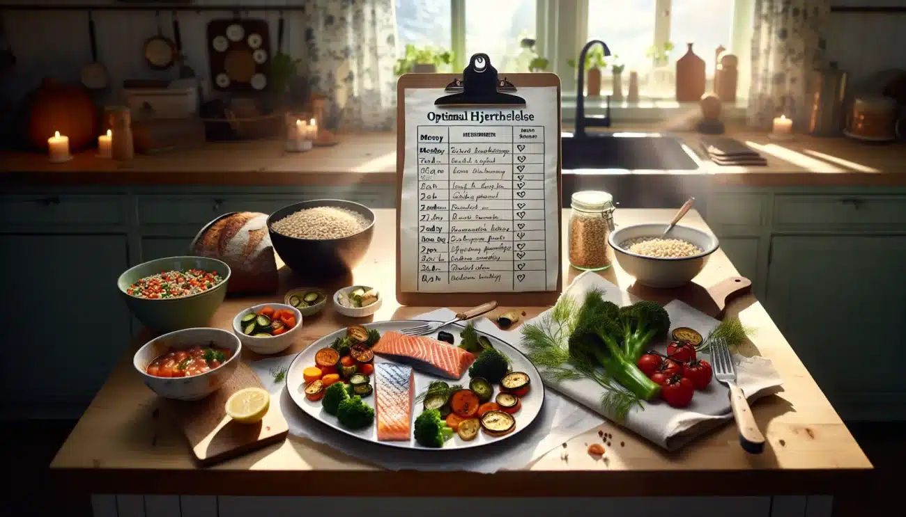 Norwegian weekly heart healthy menu with salmon whole grains and vegetables