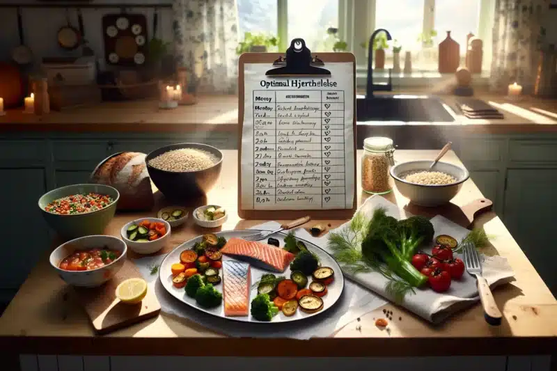 Norwegian weekly heart healthy menu with salmon whole grains and vegetables