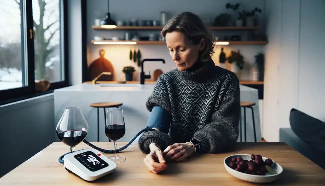 Norwegian woman checks blood pressure beside a glass of red wine