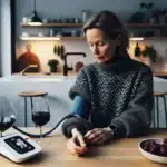Norwegian woman checks blood pressure beside a glass of red wine
