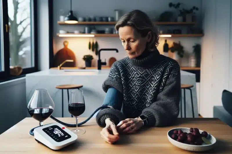 Norwegian woman checks blood pressure beside a glass of red wine