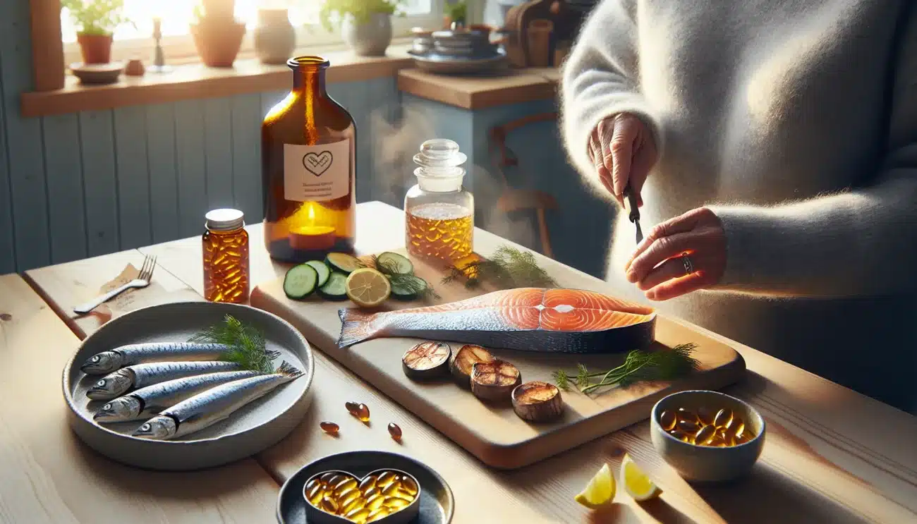 Norwegian woman plating salmon with omega 3 capsules in a bright nordic kitchen
