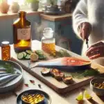 Norwegian woman plating salmon with omega 3 capsules in a bright nordic kitchen