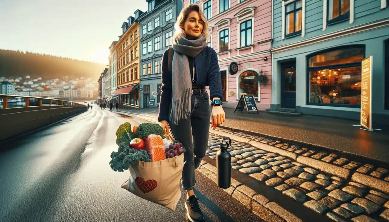 Norwegian woman walks in oslo with healthy groceries and heart rate smartwatch