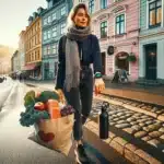 Norwegian woman walks in oslo with healthy groceries and heart rate smartwatch