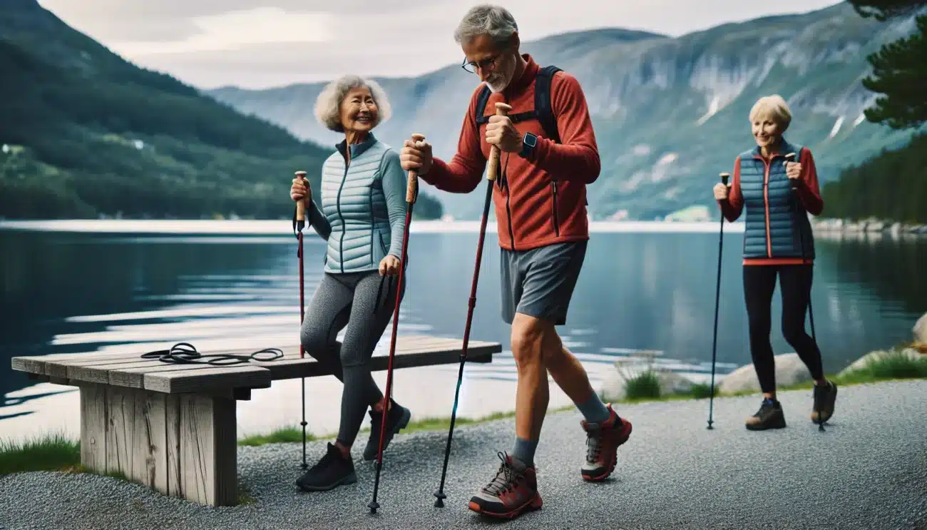 Older adults nordic walking with heart rate watches by a norwegian lake