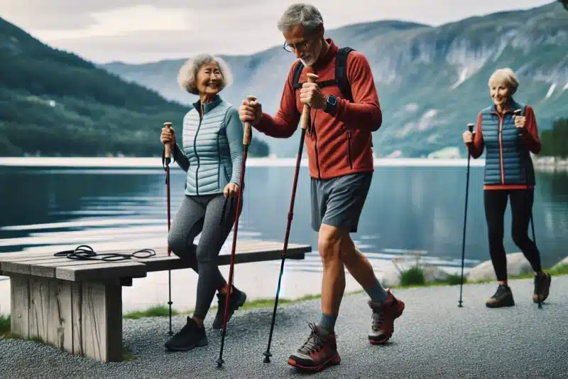 Older adults nordic walking with heart rate watches by a norwegian lake