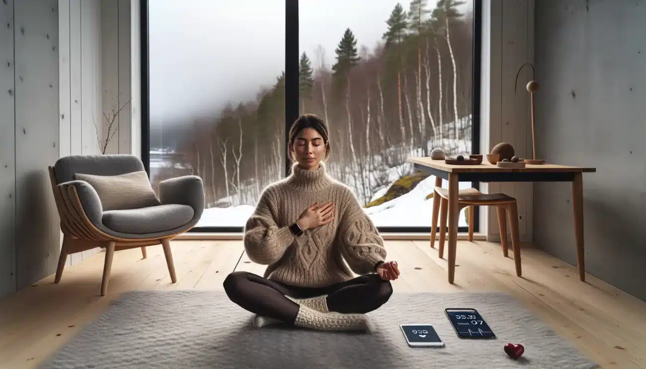 Person meditating by nordic window smartwatch displays hrv for heart health