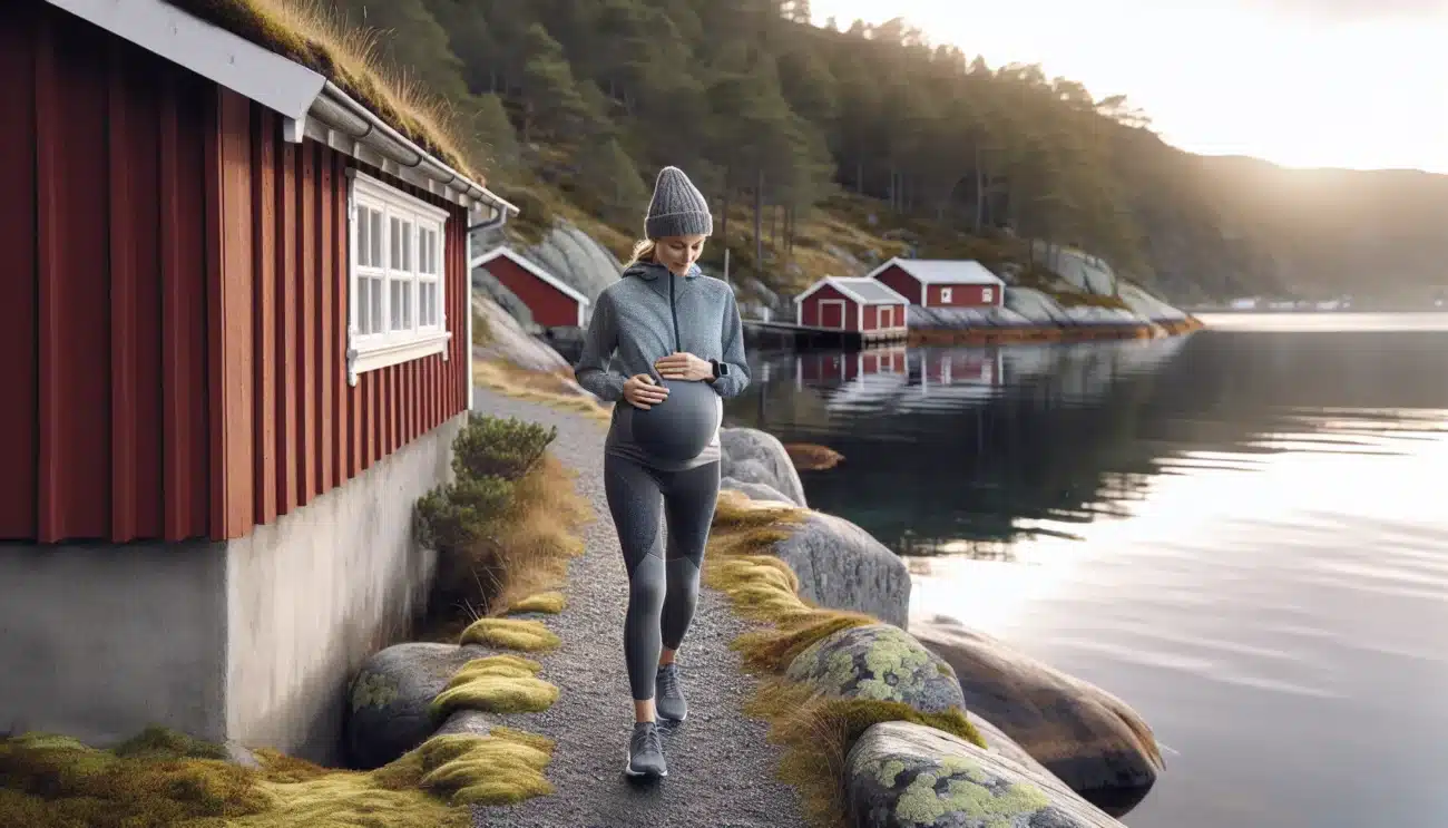 Pregnant woman walks by a norwegian fjord checking heart rate and hydrating