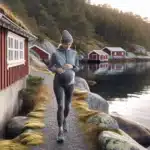 Pregnant woman walks by a norwegian fjord checking heart rate and hydrating