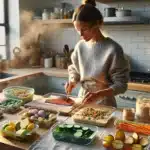 Woman prepping heart healthy salmon and grain bowls in a nordic kitchen