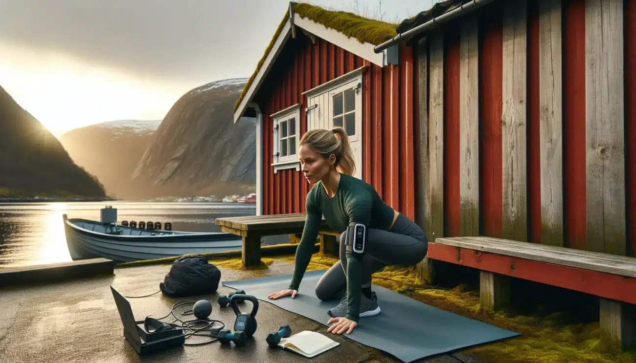 Woman wall sitting by a norwegian fjord as others walk and cycle