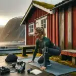 Woman wall sitting by a norwegian fjord as others walk and cycle