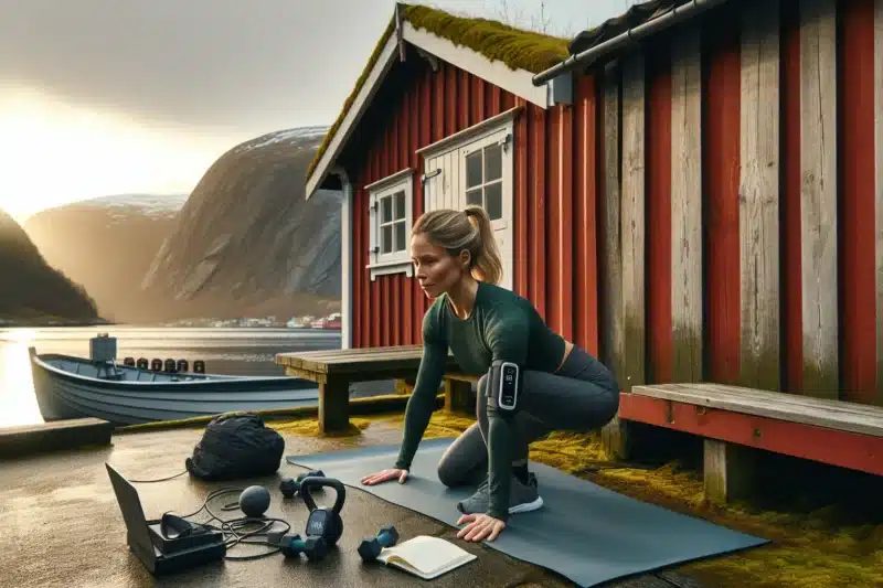 Woman wall sitting by a norwegian fjord as others walk and cycle